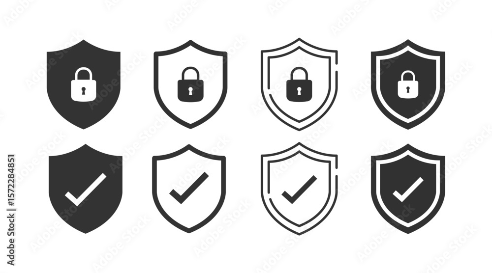 Poster security shield icon set with padlock and check mark. protection, privacy, and safety vector symbols