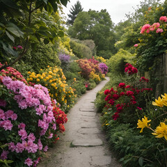 "Narrow Pathway in a Lush Garden Surrounded by Abundant Greenery and Flowers: A Peaceful Stroll Through Natures Gentle Embrace"