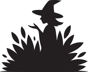 Witch Hidden in Bush Silhouette Halloween Vector