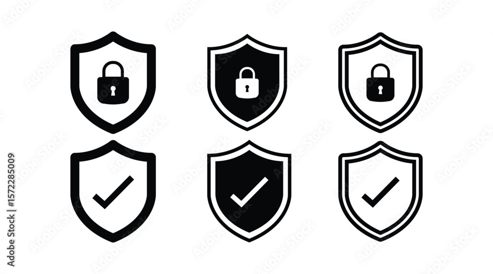 Poster security shield icon set with padlock and check mark. protection, privacy, and safety vector symbols