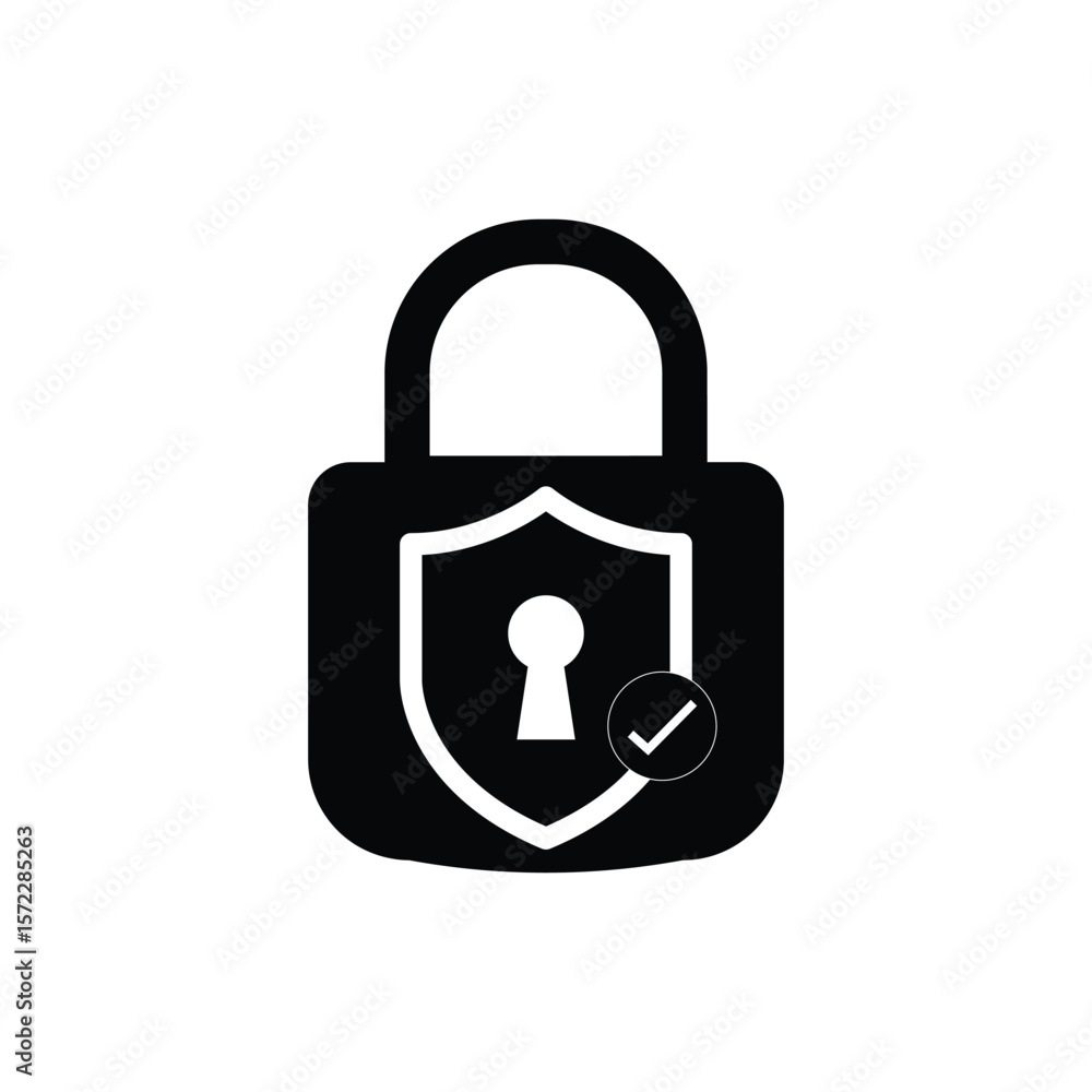 Poster security shield icon set with padlock and check mark. protection, privacy, and safety vector symbols