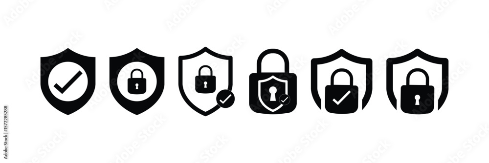 Poster security shield icon set with padlock and check mark. protection, privacy, and safety vector symbols