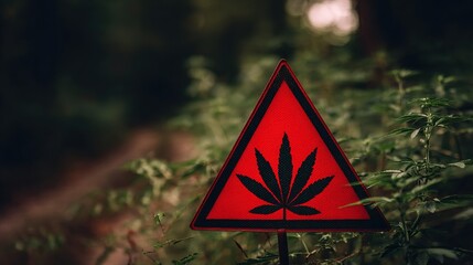 Close-up of red warning sign with cannabis leaf symbol, caution alert for marijuana and drug awareness, substance abuse prevention concept.
