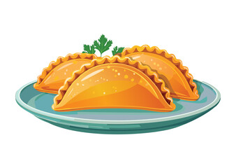 Golden Empanadas Orange Plate Herbs - Vector Illustration