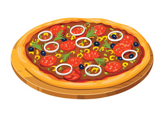 Classic Round Pizza Olive Onion Topping - Vector Illustration