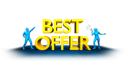 A vibrant design showcasing the phrase "BEST OFFER" with animated figures promoting a deal.