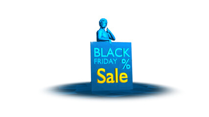 A striking sale display featuring a statue and vibrant text announcing a Black Friday promotion.