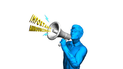 A blue figure holds a megaphone, projecting the words "Important Announcement" in a bold, eye-catching manner.