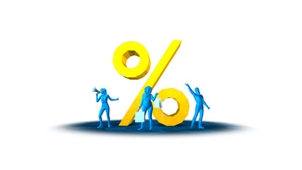 A vibrant graphic featuring stylized blue figures celebrating around a large yellow percentage symbol.