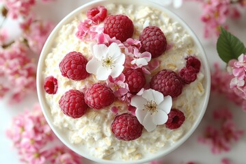 Bowl of oatmeal is decorated with fresh raspberries and tiny blossoms. Use for healthy food blogs, recipes, and breakfast promotions.