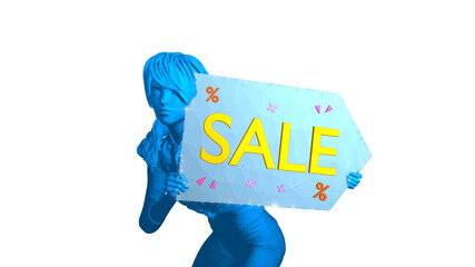 A figure holding a large arrow-shaped sign displaying the word "SALE" in bold, colorful letters.