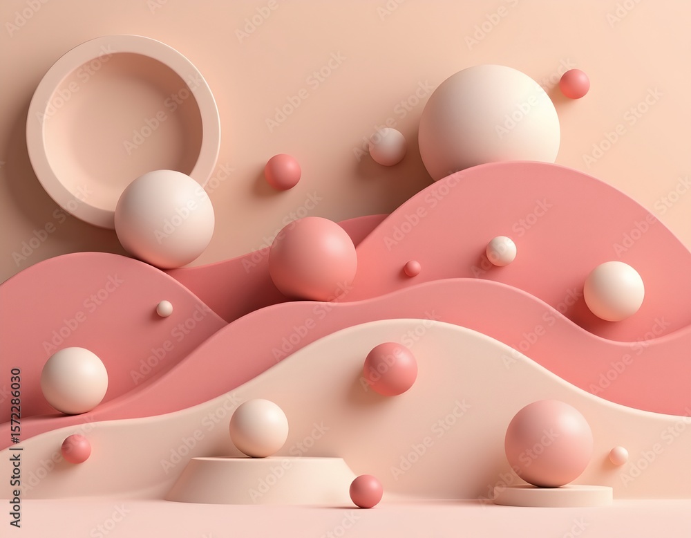 Poster the image is a digital rendering featuring an arrangement of geometric shapes, specifically spheres,