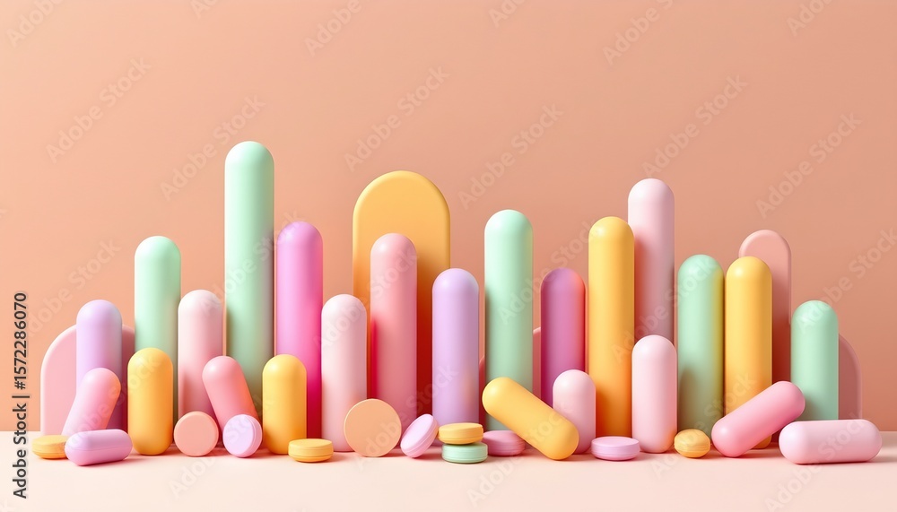 Poster the image features a collection of elongated, pill shaped forms arranged in a vertical position, the