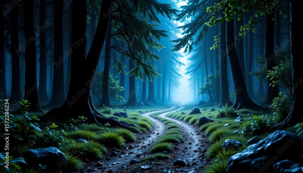 Aufkleber the image depicts a path winding through a forest, the position is designed to draw the viewers eye 