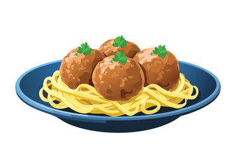 Meatballs with Pasta on Blue Plate - Vector Illustration