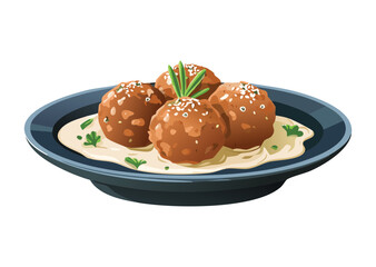 Meatballs with Creamy Sauce on Plate - Vector Illustration