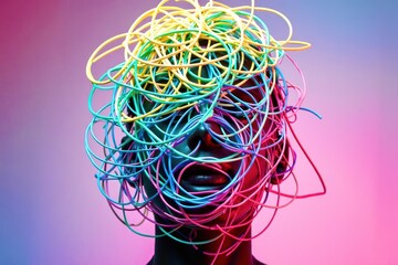 A man's head is covered in colorful strings