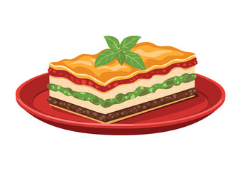 Layered Lasagna on Vibrant Red Plate - Vector Illustration