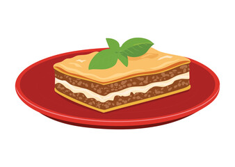 Classic Lasagna on Red Plate - Vector Illustration