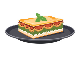 Prepared Lasagna Served on Dark Plate - Vector Illustration