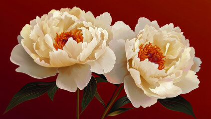 Three white peony flowers, with bright orange stamens, are placed on a dark red background. It is presented as a vector illustration that combines the texture of an oil painting with a 3D style,