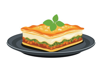 Hearty Lasagna Served on Black Plate - Vector Illustration