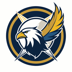 Eagle Head Logo with Feather and Crossed Spears in a Navy and Gold Circle Design
