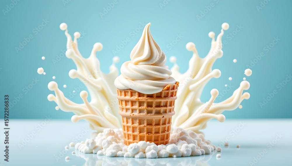 Poster the image features a centered scoop of light colored dessert on top of a cone, resting on a pile of 