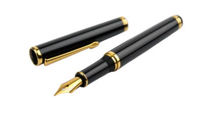 Two black fountain pens isolated on transparent background