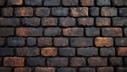 Obraz premium A wall of dark, rough-hewn bricks with hints of orange coloring. Use it for textures, backgrounds, and design element needs.