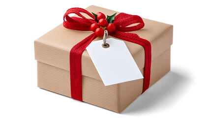 Obraz premium Festive gift box with red ribbon and tag, isolated on white background. Perfect for holiday promotions, branding visuals, and seasonal product displays.