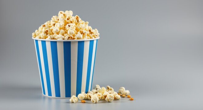 Delicious popcorn spills out of a blue striped bucket ready for a movie night or fun snack time