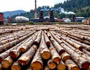 the image depicts a large quantity of cut tree trunks in the foreground, stretching out in parallel lines towards the background, these logs are stacked and arranged neatly
