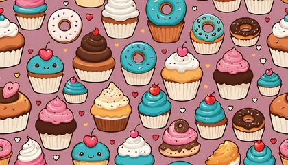 Seamless pattern of kawaii cupcakes and donuts