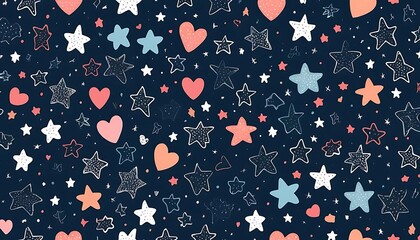 Seamless cute doodle pattern with stars and hearts