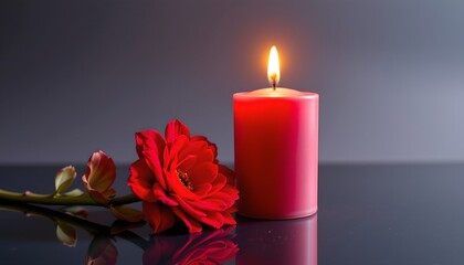 a vividly colored picture features a flower and a burning candle against a dark backdrop, the flower, a rich color, rests to the lower left of the frame