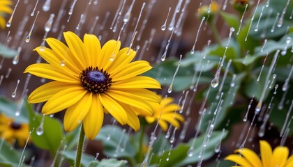 in the image, a bright flower takes center stage as rain falls around it, the flower is primarily yellow, with a textured dark center, water droplets cling to its petals and stem