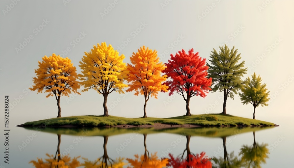 Poster the image features a row of five trees with varying colors, standing on a narrow strip of land that 