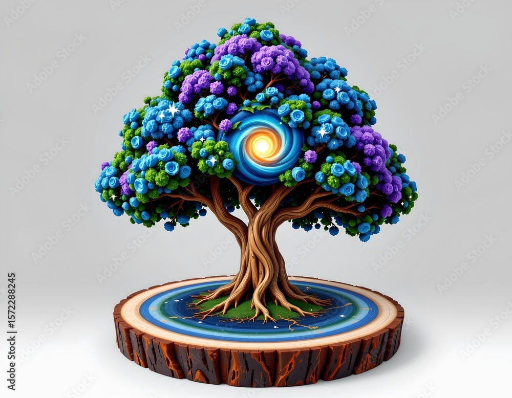Poster at the center of the image is a styled tree, positioned on a platform that resembles a slice of eart