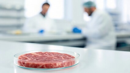 Blurred lab environment with petri dish showcasing lab-grown meat sample

