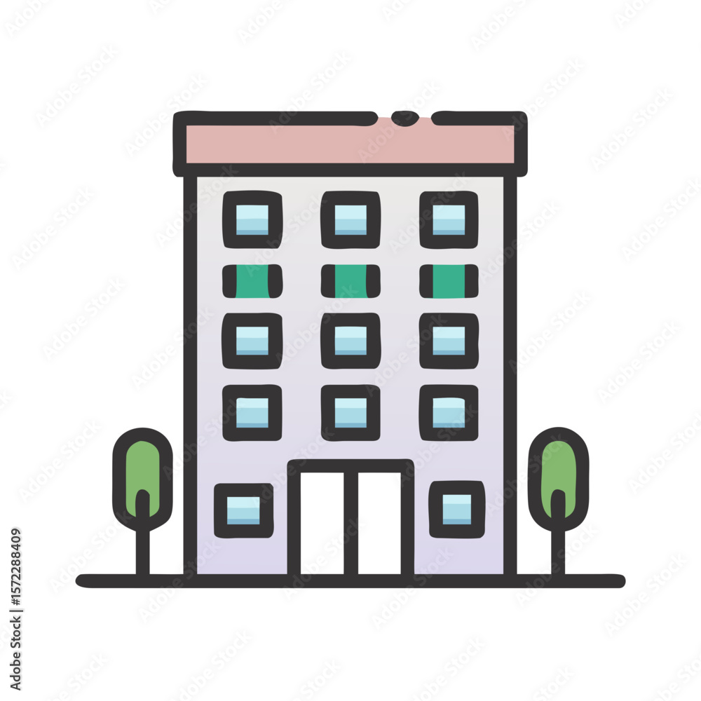Poster modern multistory building icon with trees and rooftop