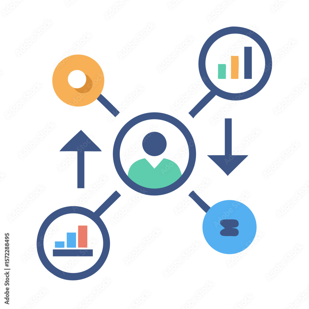 Poster business workflow diagram with arrows and data icons in circle style