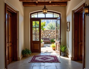 the image showcases an inviting indoor space with an open doorway leading to an outdoor area, the color palette is dominated by earthy tones, with creams, browns