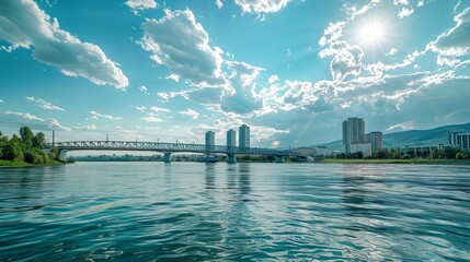 Take a boat tour on the Yenisei River in Krasnoyarsk, Russia during summer. Enjoy the city skyline with the bridge.
