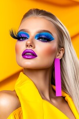 A woman with bright makeup and bright colored eyelashes