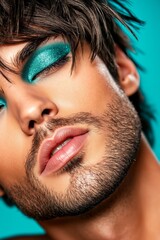 A close up of a man with a beard and blue eyeshadow