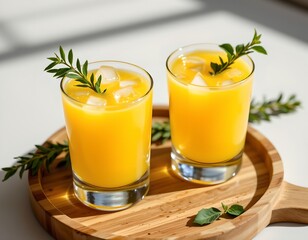 the image showcases two glasses filled with a yellow liquid and ice, each garnished with a sprig of a plant, the glasses are positioned on a wooden platter