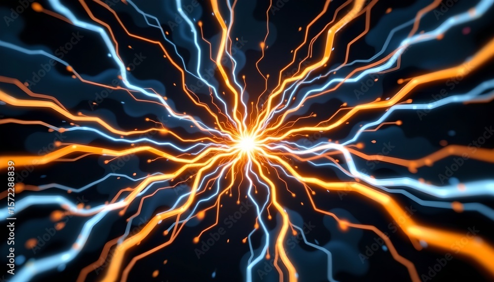 Poster the image features a dynamic display of electrical discharge, several jagged lines radiate from a ce