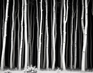 this is a black and white photograph of a dense forest, the main subject is the multitude of tall, slender trees that dominate the scene, they stand close together
