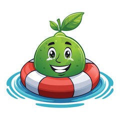 Cute Green Fruit Character Inner Tube - Vector Illustration